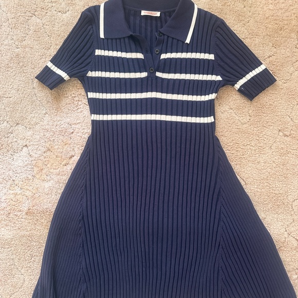 Navy Ribbed Knit Polo Dress with White Stripes- Small- NEW - Picture 6 of 12